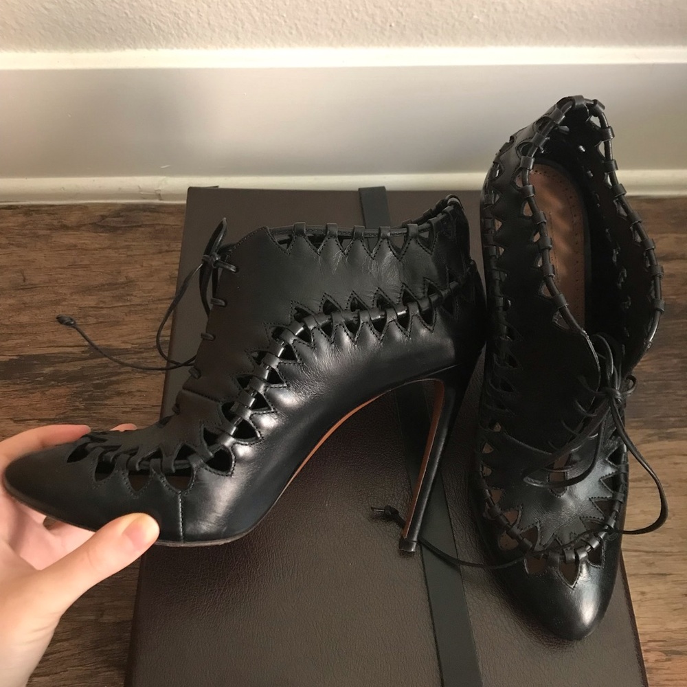 Alaia leather low heel lace up boots